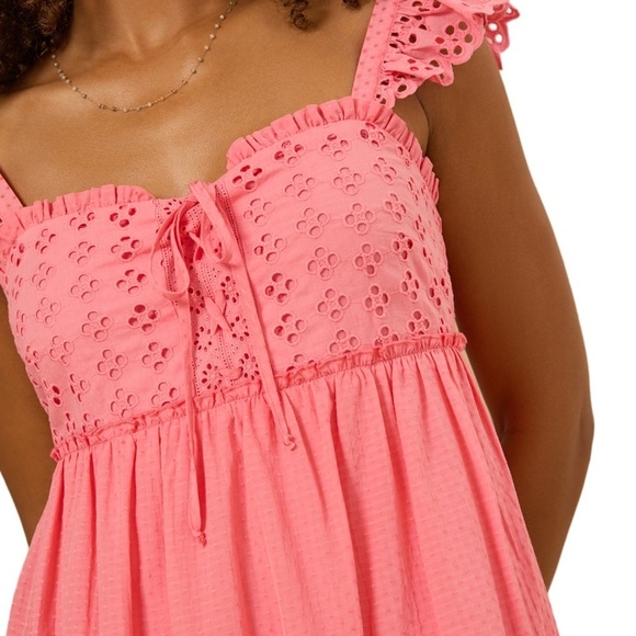 ALTAR'D STATE Dress Tiered Ruffled Ruched Pinafore Back Tie Bow Peach Coral NWOT - Picture 12 of 16